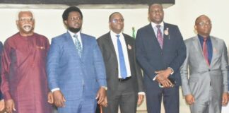 Chairman, National Salaries Income and Wages Commission, Ekpo Nta; Commissioner, Anti-Corruption Commission of Siena Leone, Francis Ben Kaifala; Chairman of Independent Corrupt Practices and Other Related Offences, Dr Musa Aliyu; Chairman of the Economic and Financial Crimes Commission, (EFCC), Mr Olanipekun Olukoyede; and the Director General, Bureau of Public Procurement (BPP), Dr Adebowale Adedokun, during the ICPC Chairman one year anniversary in office on Abuja on Tuesda