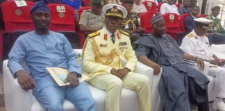 From Right: The Managing Director of Bank of Industry, Dr Olasupo Olusi, the Commandant of NDC, Rear Admiral James Okosun and the Minister of Defence Mohammed Badaru on Thursday, in Abuja at the National Defence College (NDC) Course 34 inaugural lecture with the theme: ``Optimising Capacity for Industrialisation and Social-Economic Development in Africa”